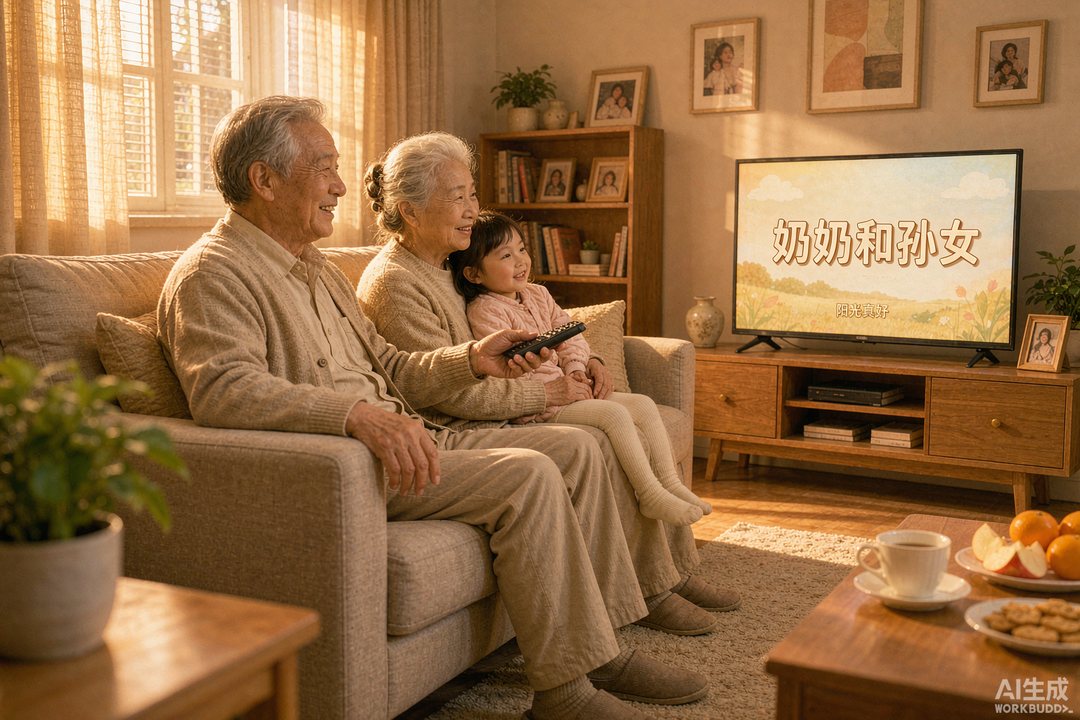 爷爷奶奶和孙女一起看电视